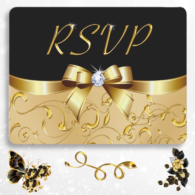 Tarjetas de RSVP negras y doradas impresionantes c (Elegant RSVP Cards. Personalized RSVP Cards. 50th anniversary RSVP cards. Elegant RSVP. Gold RSVP.)