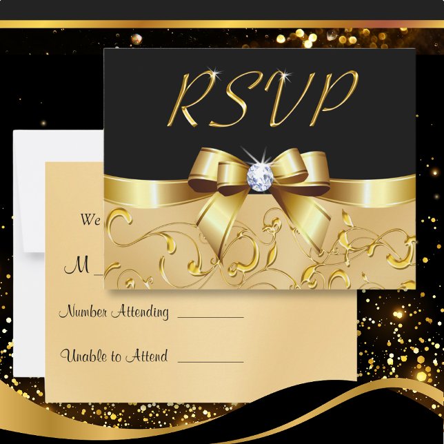 Tarjetas de RSVP Negras y Doradas Personalizables  (Anniversary RSVP Cards. RSVP cards for Wedding. Black and Gold RSVP Cards. Anniversary RSVP Cards.)