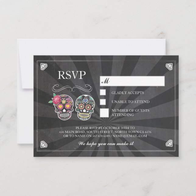 Tarjetas de RSVP Tiza Boda Rústica Calavera de Azú (Anverso)