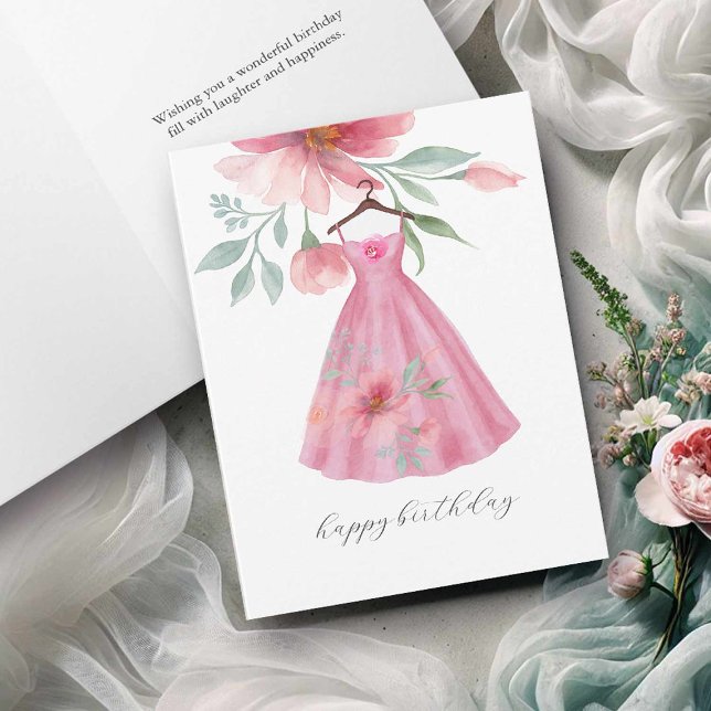 Tarjetas de saludo acuáticas Feliz cumpleaños (Greeting cards happy birthday pink floral dress watercolor art Victoria Grigaliunas DoTellABelle)