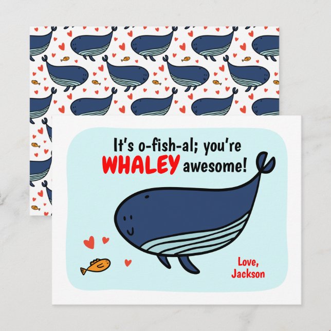 Tarjetas de San Valentín de clase cute de ballena  (Anverso / Reverso)