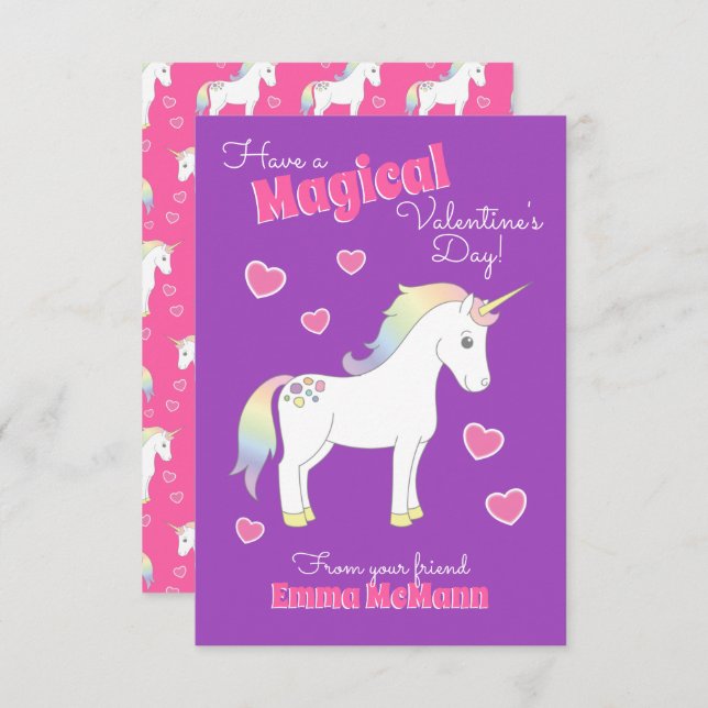 Tarjetas de San Valentín para niños de Unicorn (Anverso / Reverso)