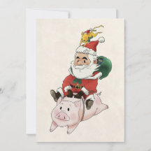 tarjetas de Santa montando un cerdo con un ratón a