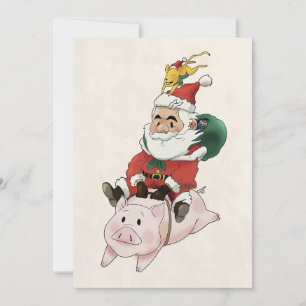 tarjetas de Santa montando un cerdo con un ratón a