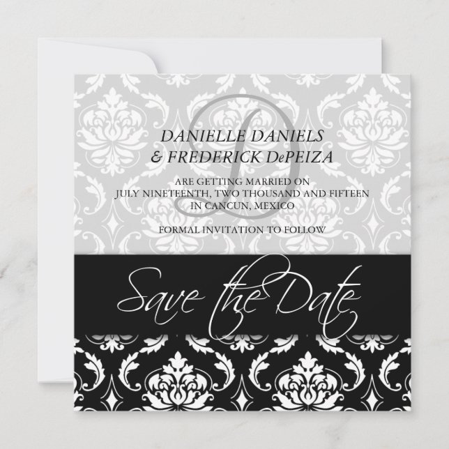 Tarjetas de Save the Date con Monograma de Damask  (Anverso)