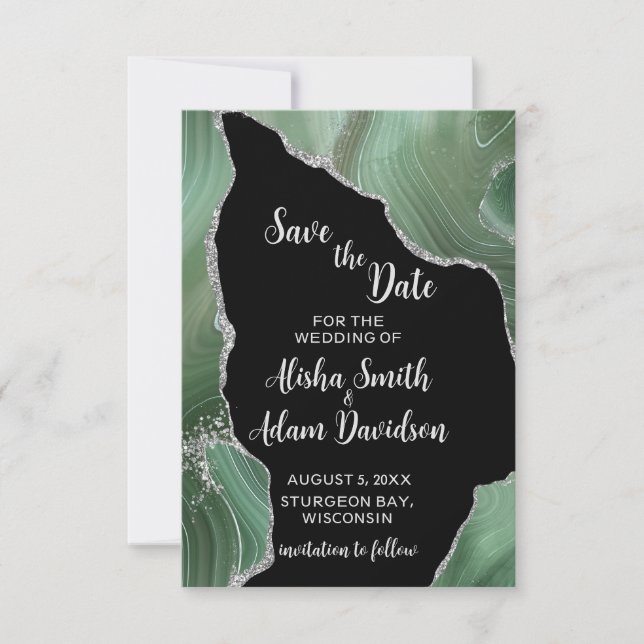 Tarjetas de Save The Date con purpurina verde plat (Anverso)