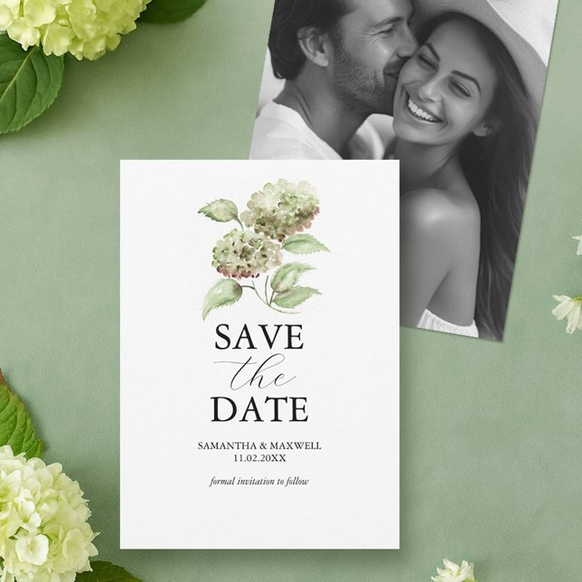 Tarjetas de "Save The Date" de Boda con Hortensia  (green hydrangea photo save the date with hand painted watercolor floral art Victoria Do Tell A Belle)