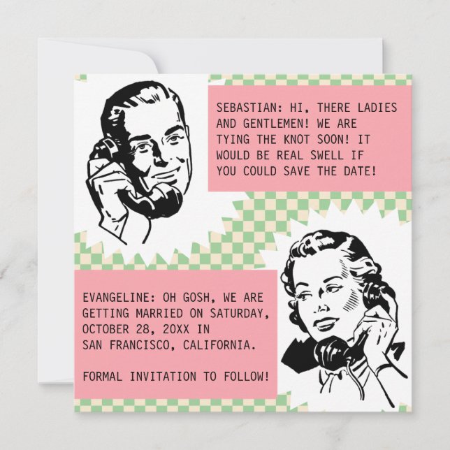 Tarjetas de Save the Date de Pareja Cotilla Retro (Anverso)