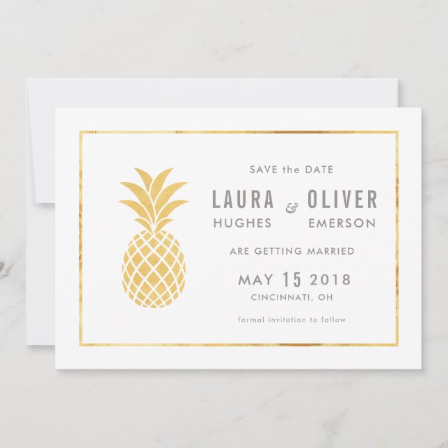 Tarjetas de Save the Date de Piña Simple Oro (Anverso)