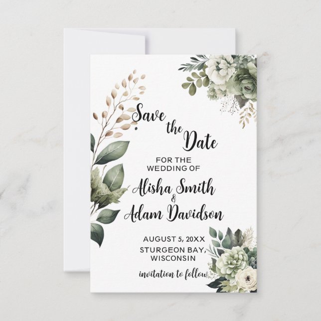 Tarjetas de Save The Date Floral Sage Verde y Blus (Anverso)