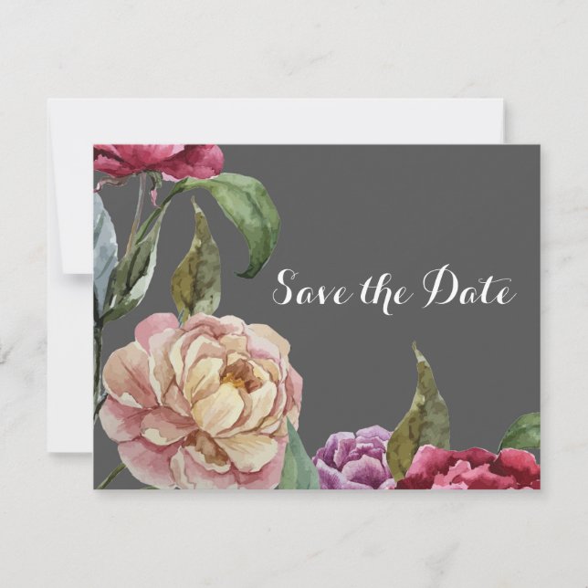 Tarjetas de 'Save the Date' florales grises y mora (Anverso)