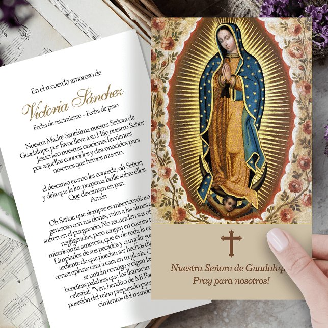 Tarjetas de simpatía de la oración de Guadalupe Lo (catholic, religious, celebration of life, in loving memory of, prayer cards for bereavement)