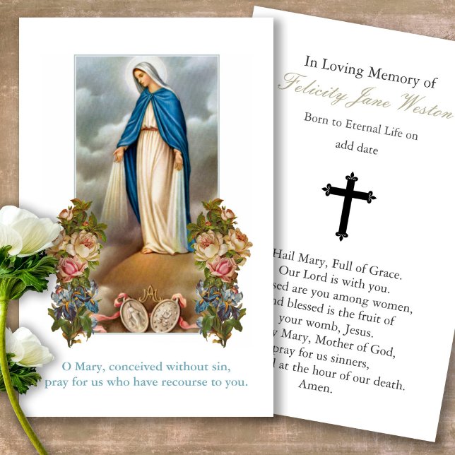 Tarjetas de simpatía de la oración de la Virgen Fu (catholic, religious, celebration of life, in loving memory of, prayer cards for bereavement)