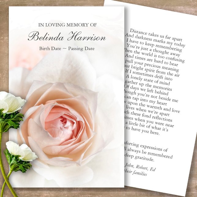 Tarjetas de simpatía de la oración de rosa suave f (Forever in our hearts, celebration of life, in loving memory of, prayer cards for bereavement)