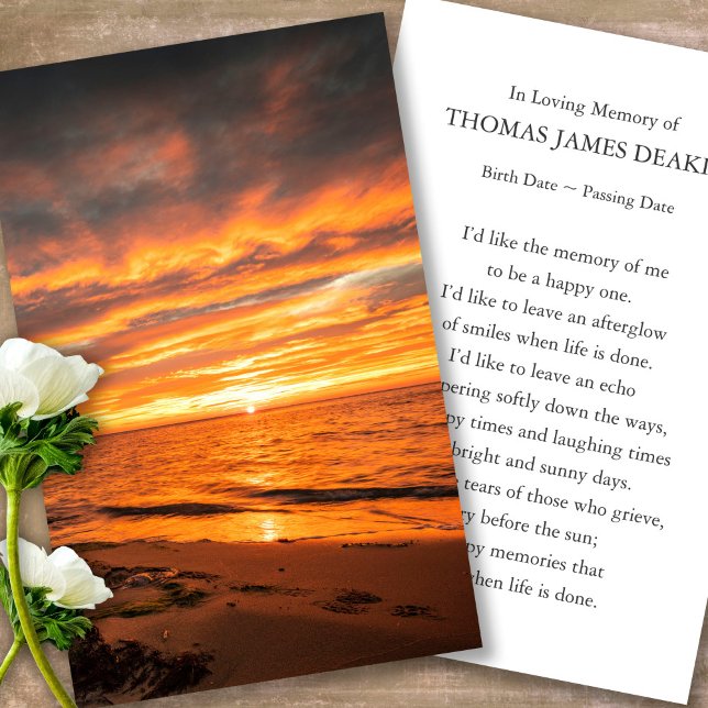 Tarjetas de simpatía de la oración del funeral Mem (sunset, sunrise, beach, celebration of life, in loving memory of, prayer cards for bereavement)