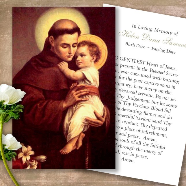 Tarjetas de simpatía de la oración St Anthony Loss (catholic, religious, celebration of life, in loving memory of, prayer cards for bereavement)