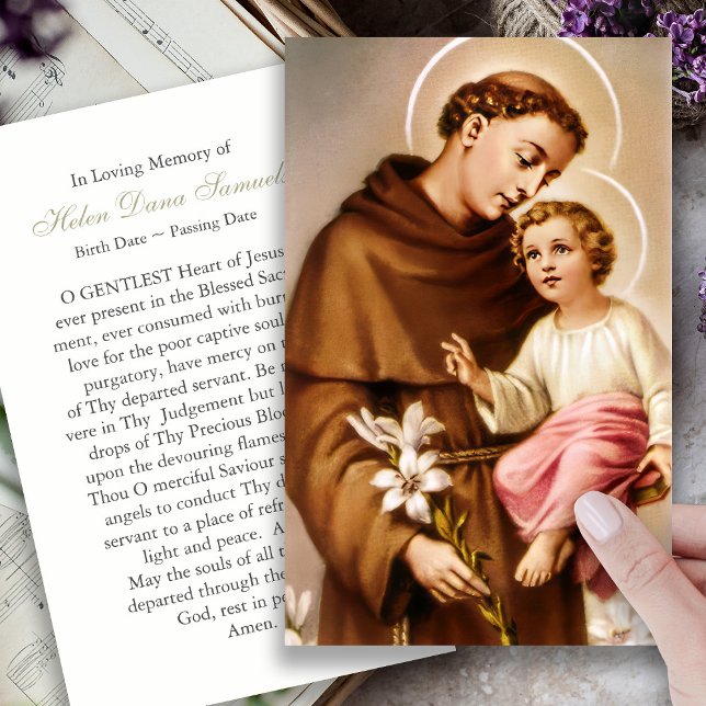 Tarjetas de simpatía de la oración St Anthony Loss (catholic, religious, celebration of life, in loving memory of, prayer cards for bereavement)