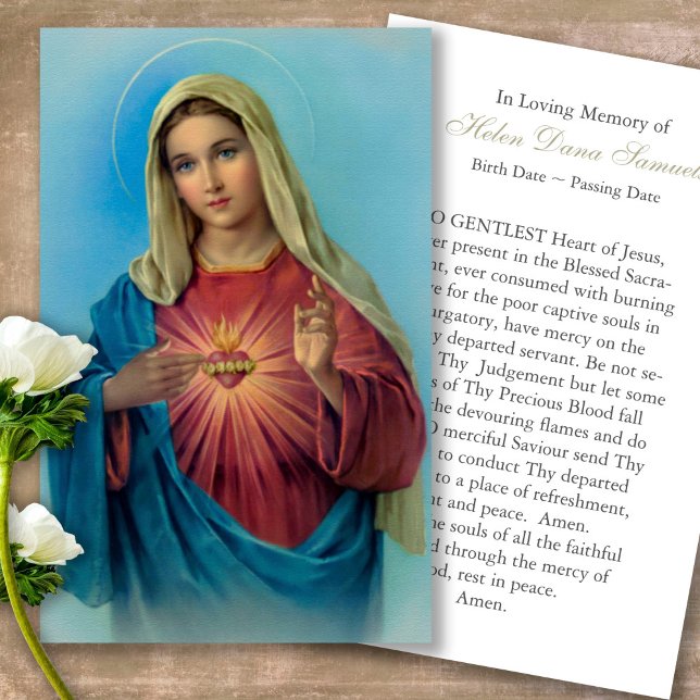 Tarjetas de simpatía de la plegaria Mary (catholic, religious, celebration of life, in loving memory of, prayer cards for bereavement)