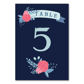 Tarjetas de tabla boda floral rosa y naval