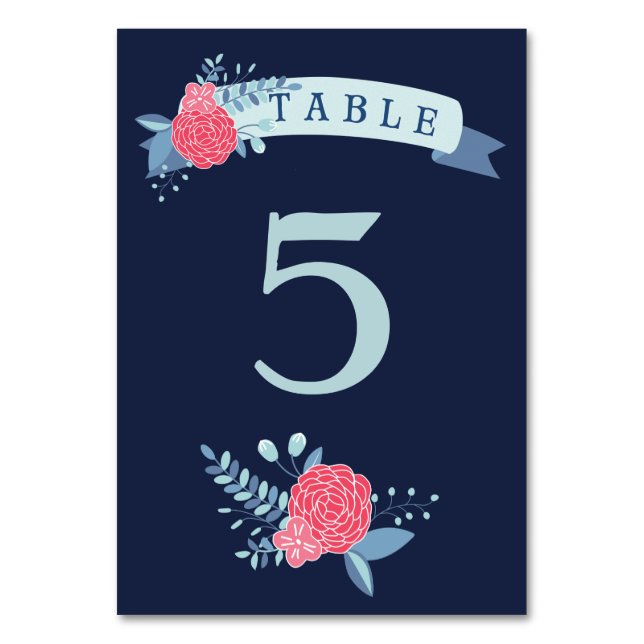 Tarjetas de tabla boda floral rosa y naval (Anverso)