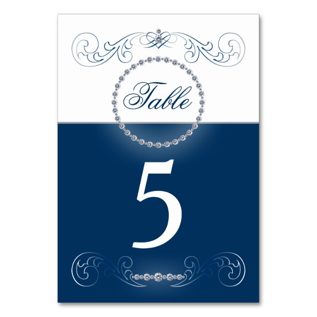 Tarjetas de tabla de boda azul marino de plata (Anverso)