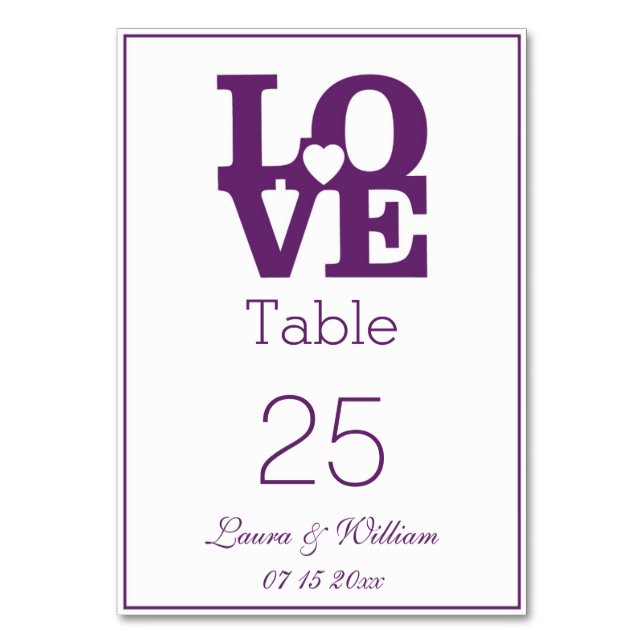 Tarjetas de tabla de números de Boda de AMOR de be (Anverso)