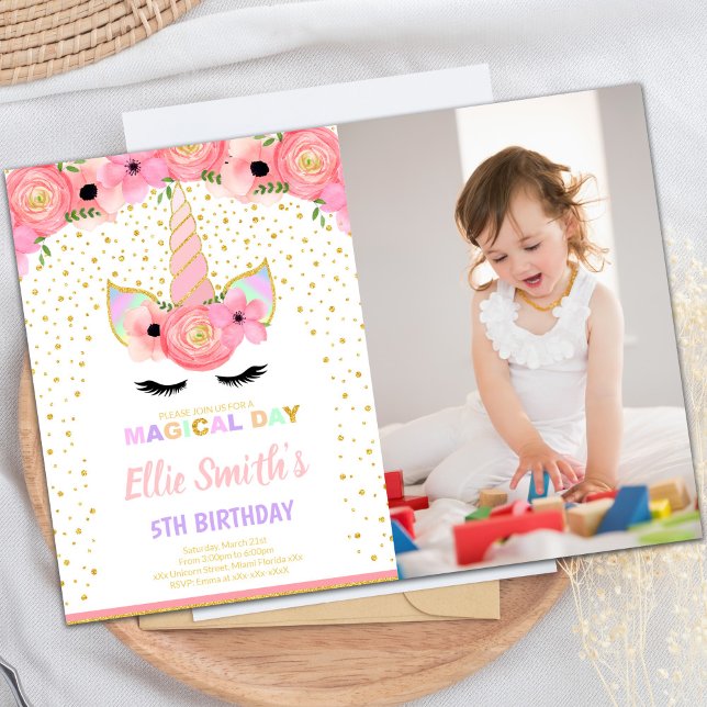 Tarjetas de unicornio con flores rosadas con foto (Pink Floral Unicorn Cards with photo)