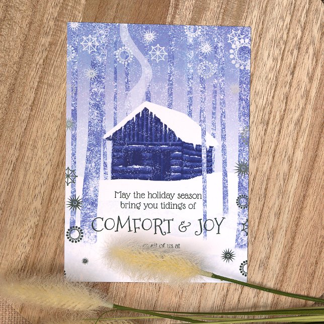 Tarjetas de vacaciones comerciales Blue, Green Log (Simple Blue, Green Logo Company Holiday Card, Winter Log Cabin in Forest, Blue, Sage Green)