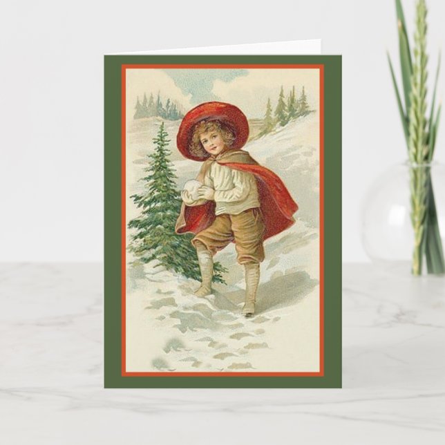Tarjetas de vacaciones de capa roja y nieve (Anverso)