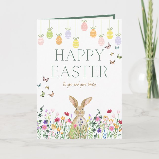 Tarjetas de vacaciones de conejitos lindos y huevo (Anverso)