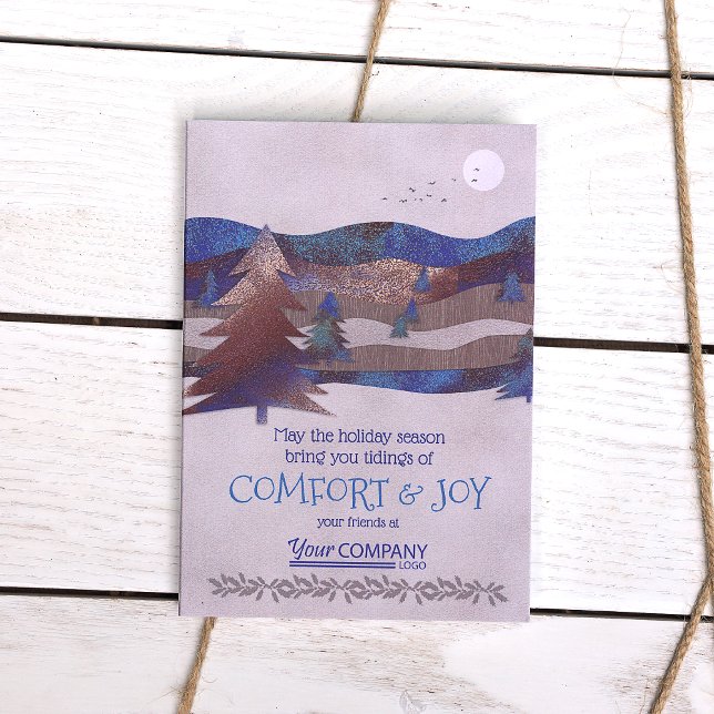 Tarjetas de vacaciones de la Compañía de Árboles R (Personalized Rustic Brown Blue Forest Blue Brown Logo Company Holiday Christmas Cards Bulk Order)