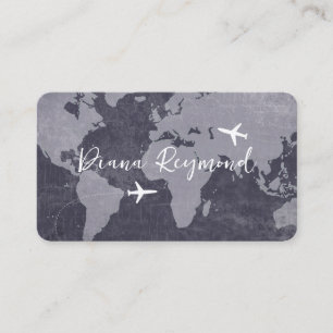 Tarjetas de visita azules con mapa mundial y avion
