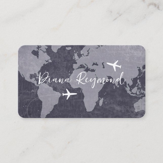 Tarjetas de visita azules con mapa mundial y avion (Anverso)
