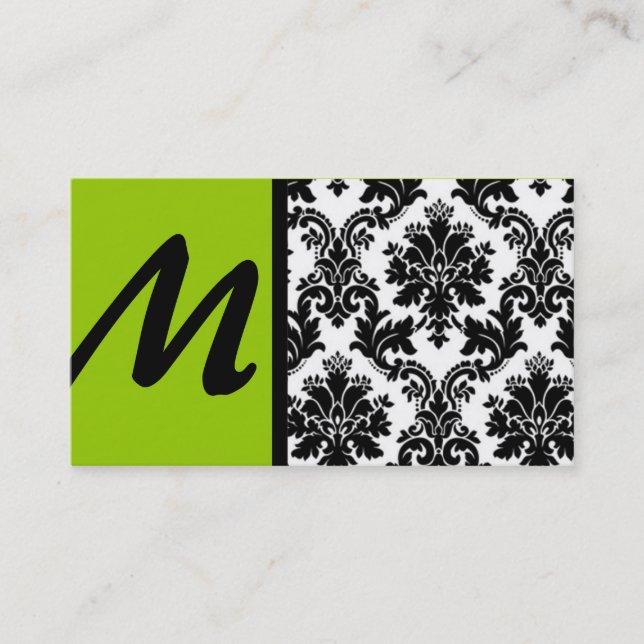 Tarjetas de visita Black Lime Green Damask (Anverso)