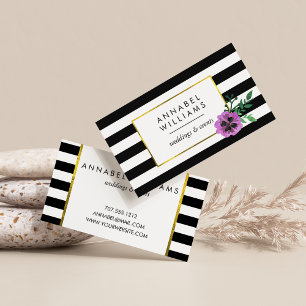 Tarjetas de visita Black Stripe & Purple Pansy