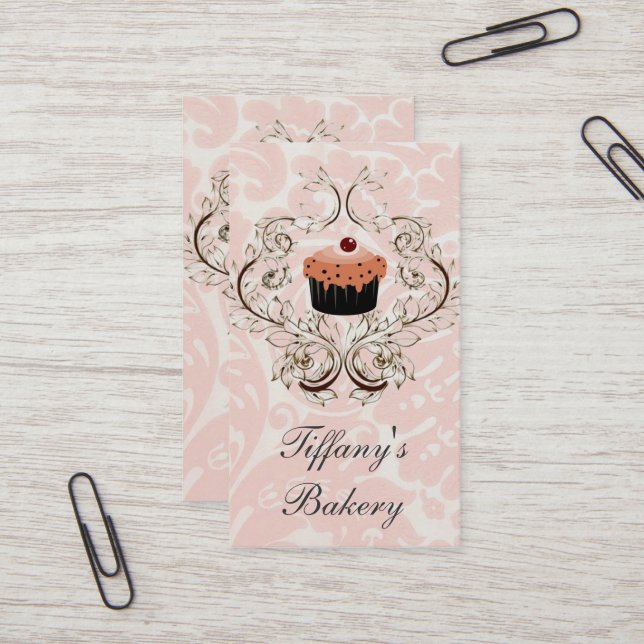 Tarjetas de visita comerciales Pink Damask Boutiqu (Anverso/Reverso In Situ)