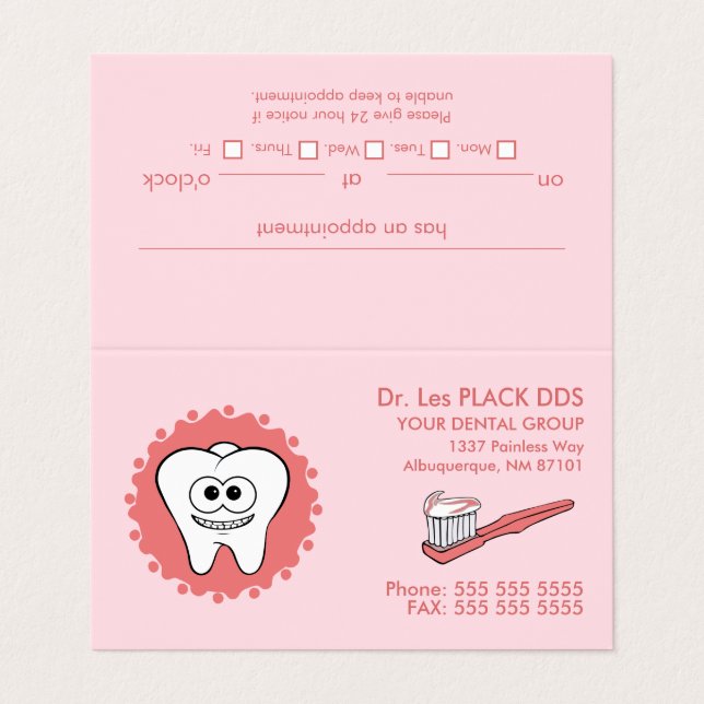 Tarjetas de visita de citas rosadas para dentistas (Exterior desplegado)