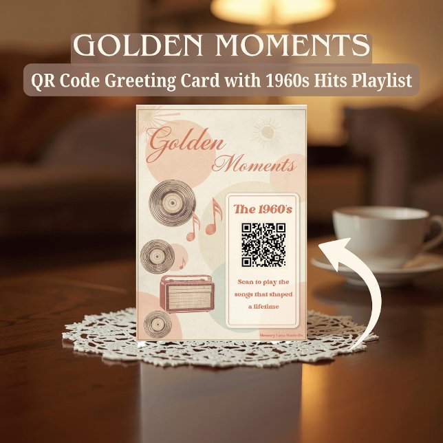 Tarjetas de Visita de Cuidado de Memoria de los Añ (Vintage greeting card with QR code to a nostalgic 1960s hits playlist for comfort, warmth, and joy.)