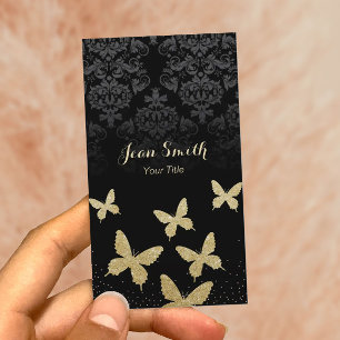Tarjetas de visita de Damask Dark Gold Butterflies