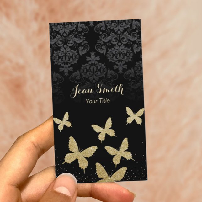 Tarjetas de visita de Damask Dark Gold Butterflies (Subido por el creador)