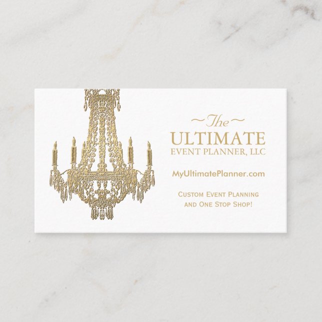 Tarjetas de visita Gold y White Chandelier (Anverso)
