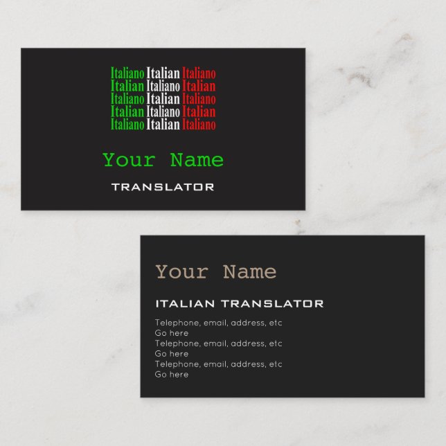 Tarjetas de visita italianas del traductor o del (Anverso / Reverso)