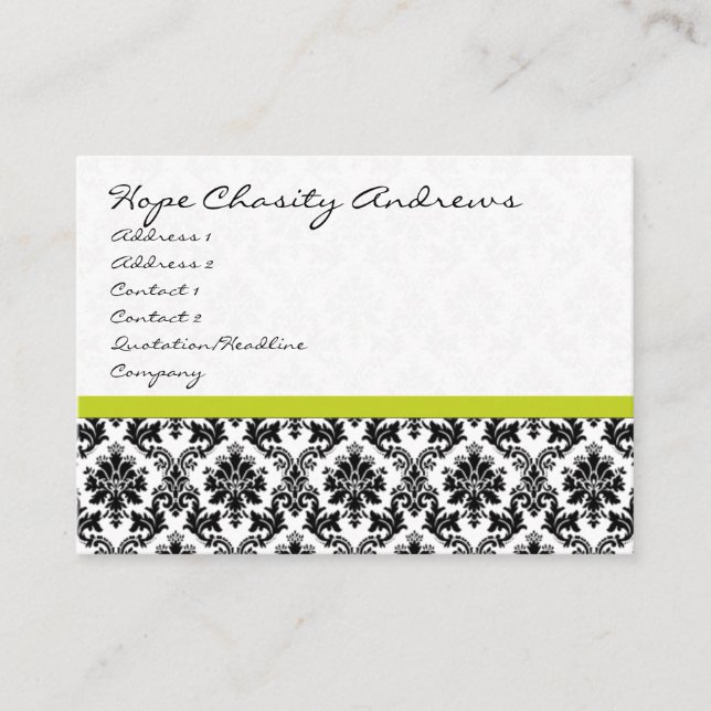 Tarjetas de visita Lime floral Damask en blanco y  (Anverso)
