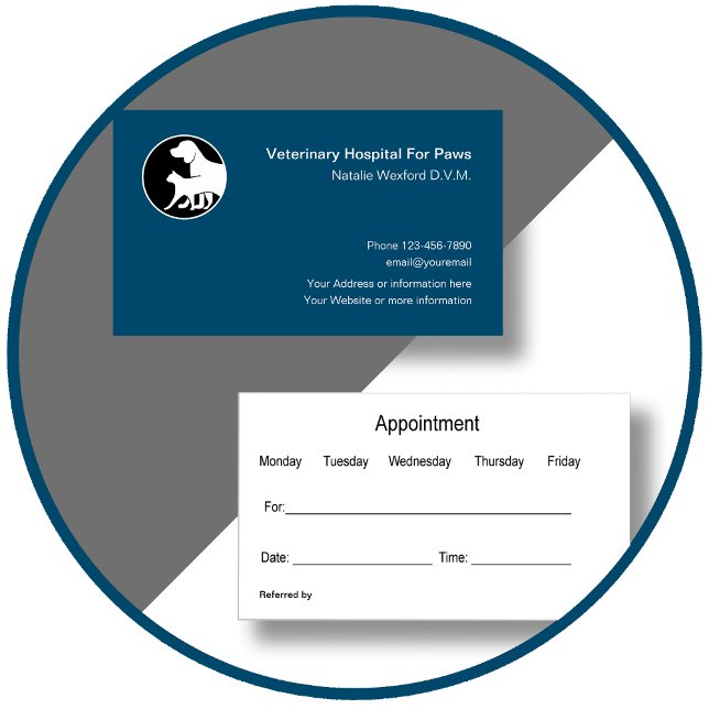 Tarjetas de visita modernas para citas con veterin (Veterinarian Appointment Cards by CustomBusinessTemplates)