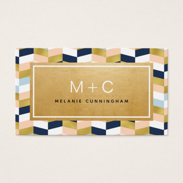 Tarjetas de visita Monograma Gold Chevron Herringb (Frente)