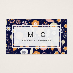 Tarjetas de visita Monograma Navy Blue Flowers