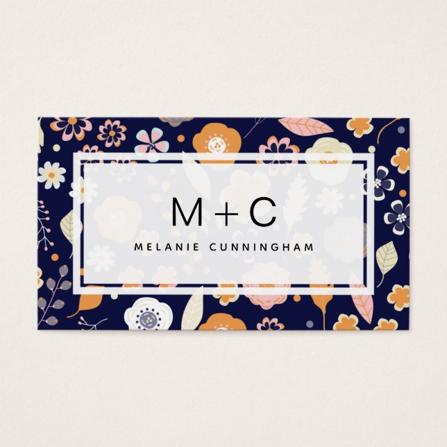Tarjetas de visita Monograma Navy Blue Flowers (Frente)
