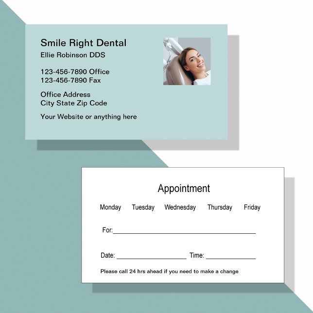 Tarjetas de visita para citas de oficina de sonris (Smiling patient Dentist appointment cards)