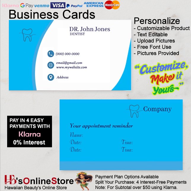 Tarjetas de visita para dentista 45 Paquete de 100 (Customizable White Basic Business Cards.
)
