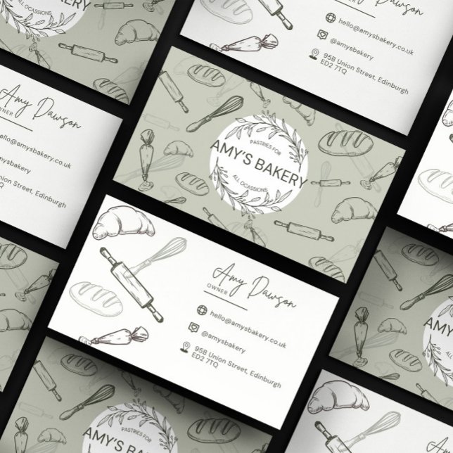 Tarjetas de visita para Personalizados de la tiend (Bakery Pastry Chef business card design in sage green and white tones with bakery graphics)